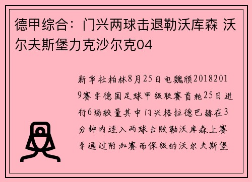 德甲综合：门兴两球击退勒沃库森 沃尔夫斯堡力克沙尔克04